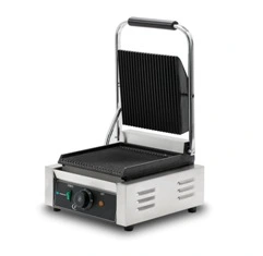 305х400х210 мм, 1800Вт, 220В, 50-300°C. Материал рабочих поверхностей: чугун покрытый эмалью. Рифленые поверхности. Размер верхней поверхности 215х215 мм. Размер нижней поверхности 220х230 мм.