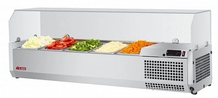 Настольная саладетта модель CTST-1200 G
Ш/Г/ В  мм 1200*335*425 ,  220В,  Температурный режим,C°  0° до +5°, GN, шт. 5 GN1/4, Со стеклом - да, 
Мощность компрессора,кВт  0,123, Вес,кг 28. Испаритель с антикоррозионным покрытием, Колёса 4” со стопорами, 