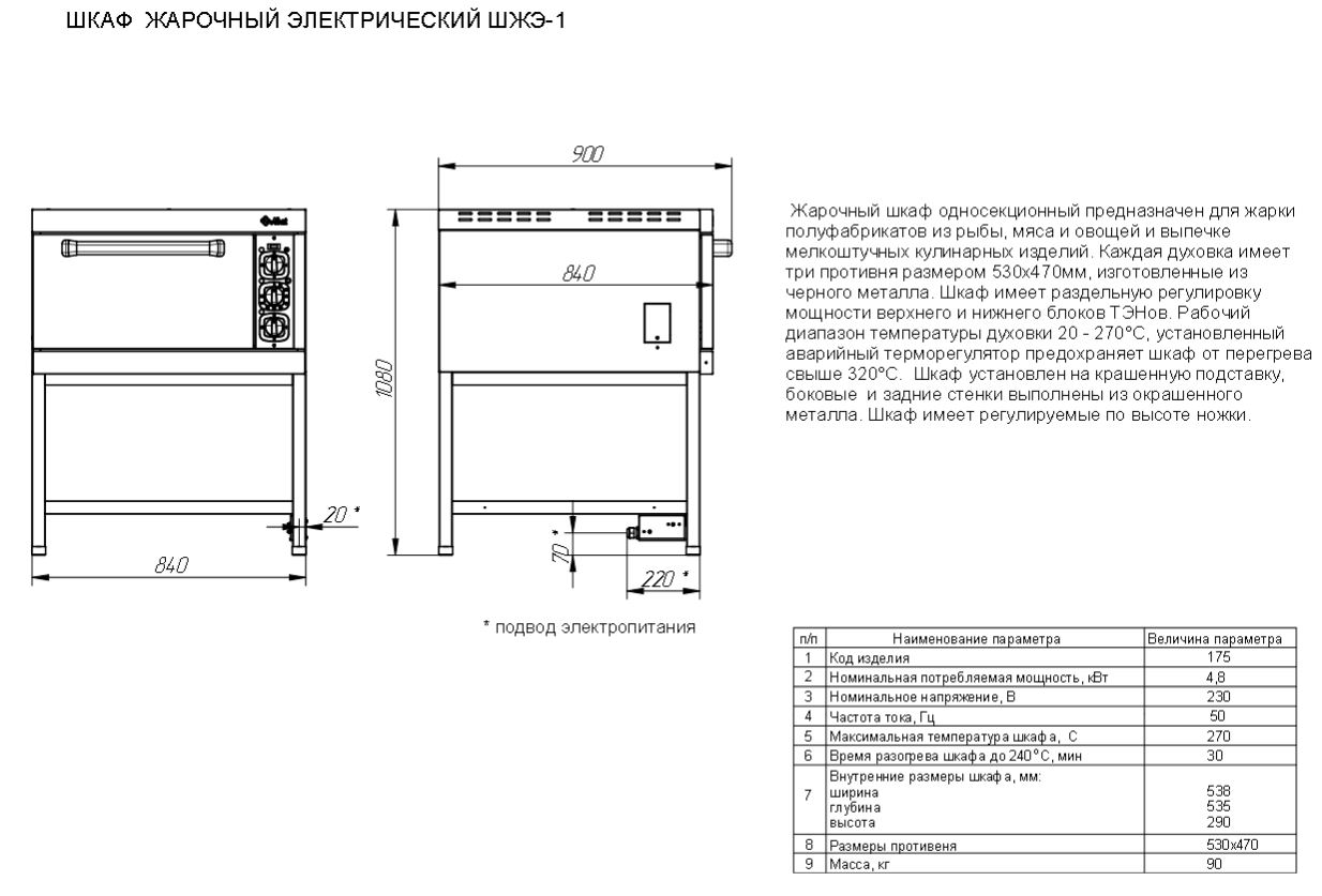 Шкаф жарочный электрический ШЖЭ-1, 900x840x1075мм, 220В, 4600Вт. Диапазон регулирования температуры, °C 20-270. Время разогрева жарочного шкафа до 240 °C, 30 мин. Количество уровней в камере 4
