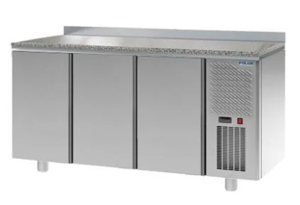 Стол холодильный TM3GN-G, 1630х705х850/910мм, 450л, 230В, 350Вт, -2...+10С, R290, столешница из гранита. Оттайка автоматическая с системой испарения конденсата. Материал обшивки корпуса (за исключением задней стенки) - нержавеющая сталь. Предназначен для 