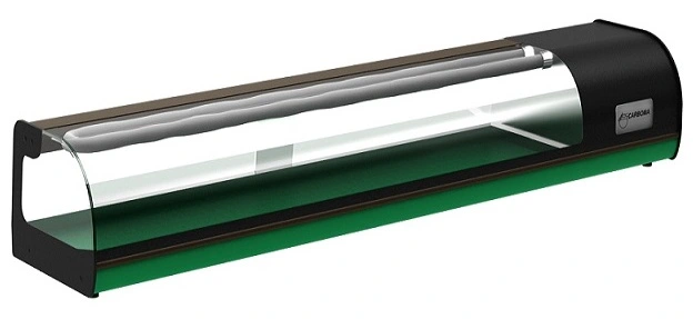 1090х370х260(295)мм, +2...+10С, R134а, потр-е эл/эн в сутки 3,3 кВт, 220В, экс. пл-дь 700х305мм. Стандартная комплектация: контроллер, верхний и нижний испаритель, экспозиционная поверхность из шлифованной нержавеющей стали, ночные шторки из оргстекла, цв