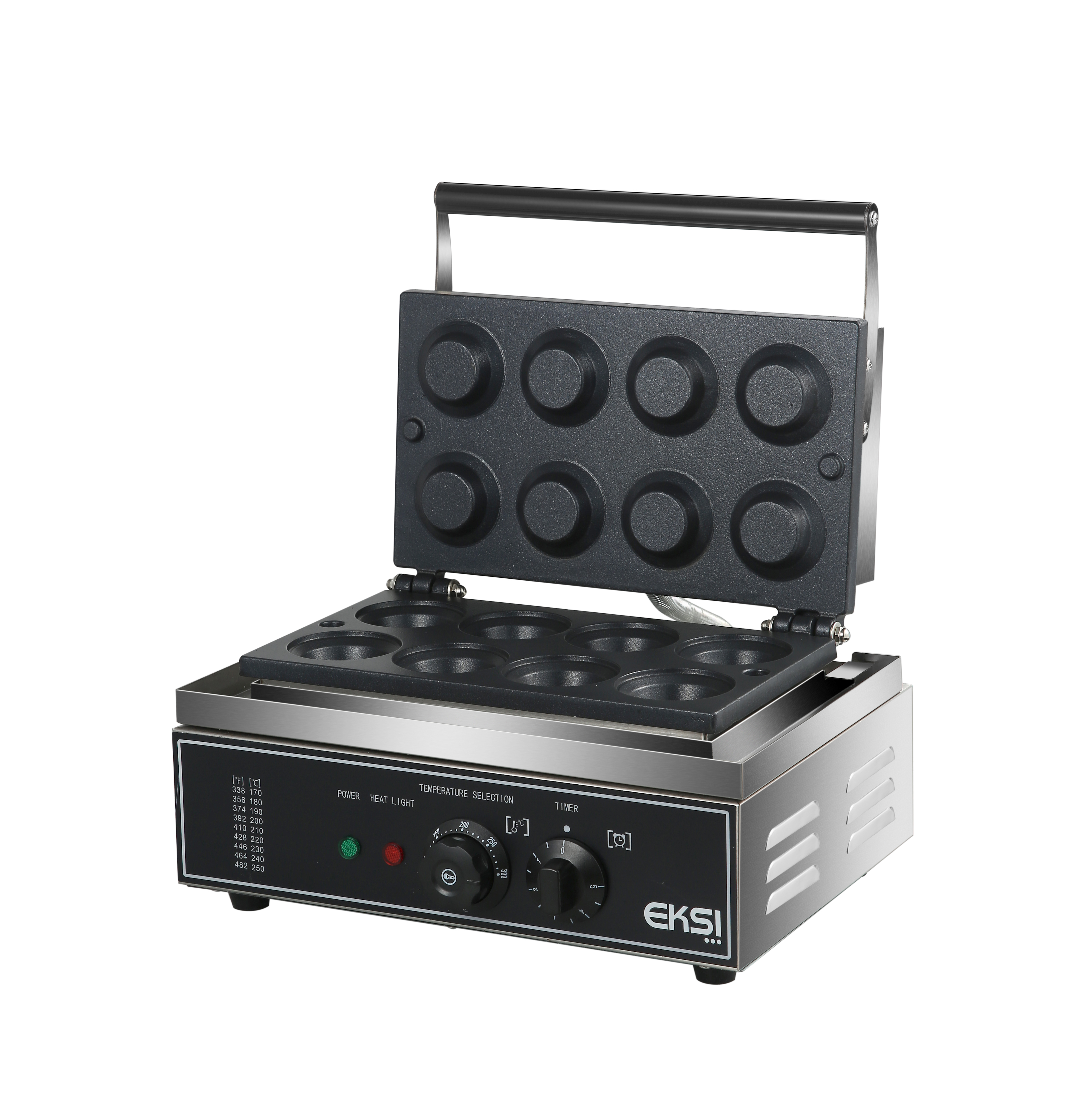 Вафельница для тарталеток т.м. EKSI серии TWB, мод. TWB-8, 390x360x220 мм, 1550 Вт, 220 В, для 8 тарталеток круглой формы, верхний диаметр 70 мм, материал рабочей поверхности - литой алюминий с антипригарным покрытием, материал корпуса - нержавеющая сталь