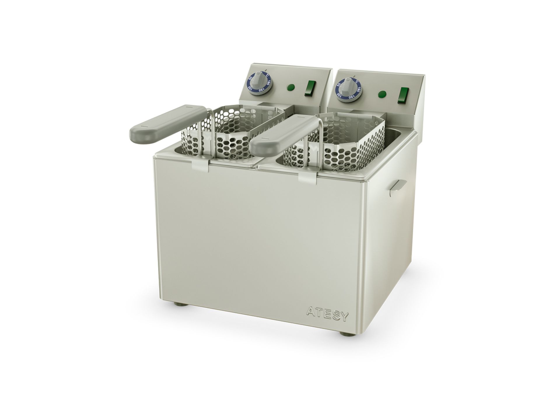 386х568х342 мм, 2х2,3 кВт, 220В, +50...+190°С, макс. объем фритюра 2х4 л, 2 фритюрные сетки объемом 2х2,5 л, крышка в комплекте