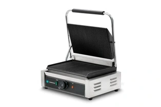 430х370х210, 220 В, 2,2 кВт, 19 кг, рифленые рабочие поверхности верх 340х220х20 мм, низ 340х230х20 мм. Температурный режим: 50-300°С. Оснащен лотком для сбора жира. Материал корпуса: нержавеющая сталь. Материал рабочих поверхностей: чугун, покрытый эмаль