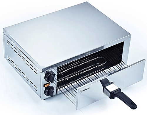 485х355х195мм, 1,13кВт, 220В, 8,2 кг, температура: 60-300 °C, 1 камера, таймер со звуковым сигналом, поддон для крошек, размер выдвижных решеток: 360*340мм, максимальный размер пиццы 30см, корпус из нерж. стали, съемная ручка, подстраиваемые ножки