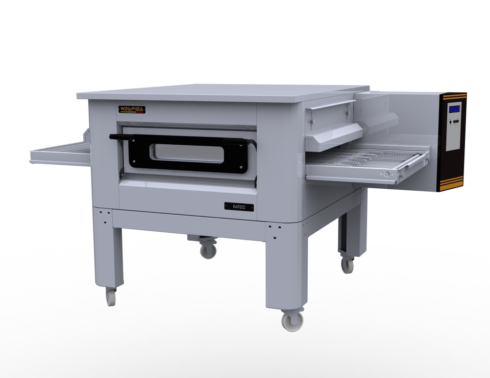 Печь для пиццы т.м. WLBake серии WellPizza, мод. Rapido 85, 2070х1320х560мм, 380В, 17400Вт, 284 кг, размеры пекарной камеры 650x1000x100, производительность 85 пицц/час, электронное управление. Со стендом в комплекте.