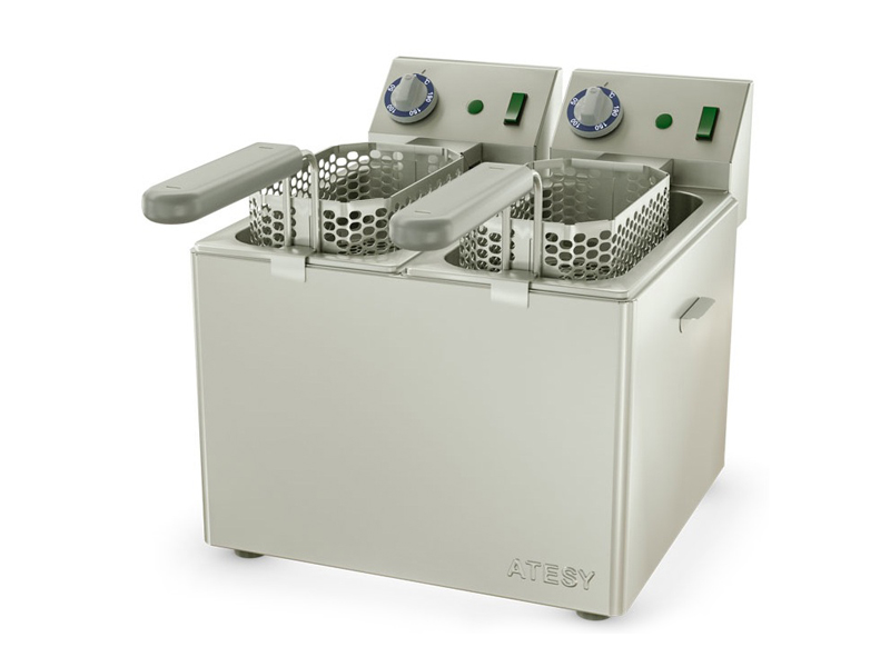 386х568х342 мм, 2х2,3 кВт, 220В, +50...+190°С, макс. объем фритюра 2х4 л, 2 фритюрные сетки объемом 2х2,5 л, крышка в комплекте
