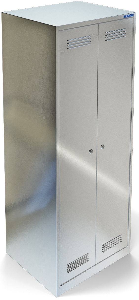 Стеллаж технологический СТ, мод. СТК-362/600 (закрытый), 600/500/1750. Шкаф из нержавеющей стали AISI 430, две секции, верхняя и нижняя полка, перекладина, замок