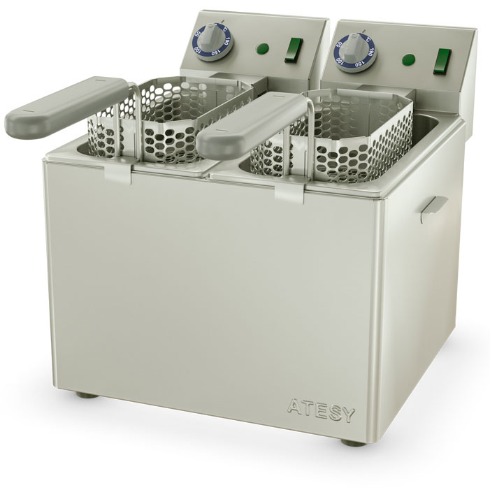 386х568х342 мм, 2х2,3 кВт, 220В, +50...+190°С, макс. объем фритюра 2х4 л, 2 фритюрные сетки объемом 2х2,5 л, крышка в комплекте