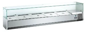 Витрина холодильная т.м. HURAKAN, модель HKN-VRX1500/380, 1500x395x435мм, 220В, вместимость 6xGN1/3, +2…+8C, 110Вт