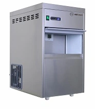 400х543х700, 220 В, 0,38 кВт, 36,4 кг, производительность 50 кг/сутки, бункер 10 кг, воздушное охлаждение, с подключением к воде, гранулированный лёд, материал корпуса нержавеющая сталь
