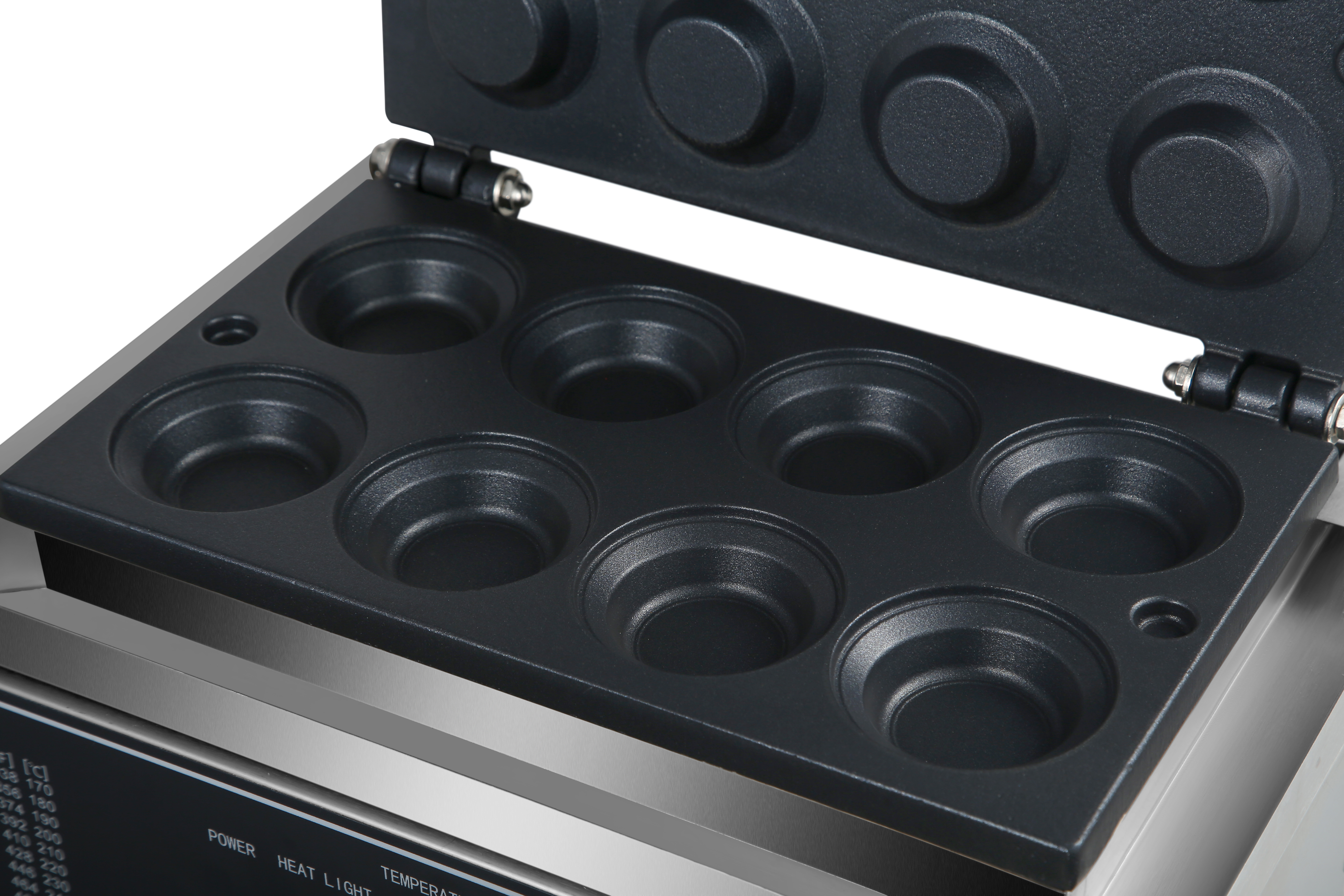 Вафельница для тарталеток т.м. EKSI серии TWB, мод. TWB-8, 390x360x220 мм, 1550 Вт, 220 В, для 8 тарталеток круглой формы, верхний диаметр 70 мм, материал рабочей поверхности - литой алюминий с антипригарным покрытием, материал корпуса - нержавеющая сталь