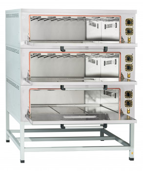 Шкаф пекарский электрический подовый ЭШП-3-01, 3 нерж. камеры 1035x800x280(250) мм, пароувлажнение, нерж. ТЭН-ы, раздельная регулировка верхних и нижних ТЭН-ов (+50...+320 С), нерж. облицовка, нерж. дверцы с жаропрочным стеклом, краш. боковые и задняя сте
