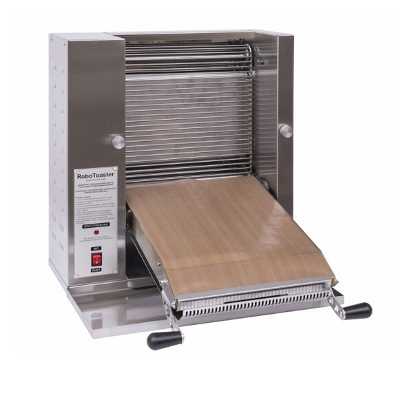 Тостер электрический серии RoboToaster (конвейерный). Производительность 1700 шт./ч. Ширина конвейера 330 мм. Загрузка вертикальная. Напряжение 220 В. Мощность 2.5 кВт. Ширина 590 мм. Глубина 460 мм. Высота 670 мм. Вес (без упаковки) 40 кг