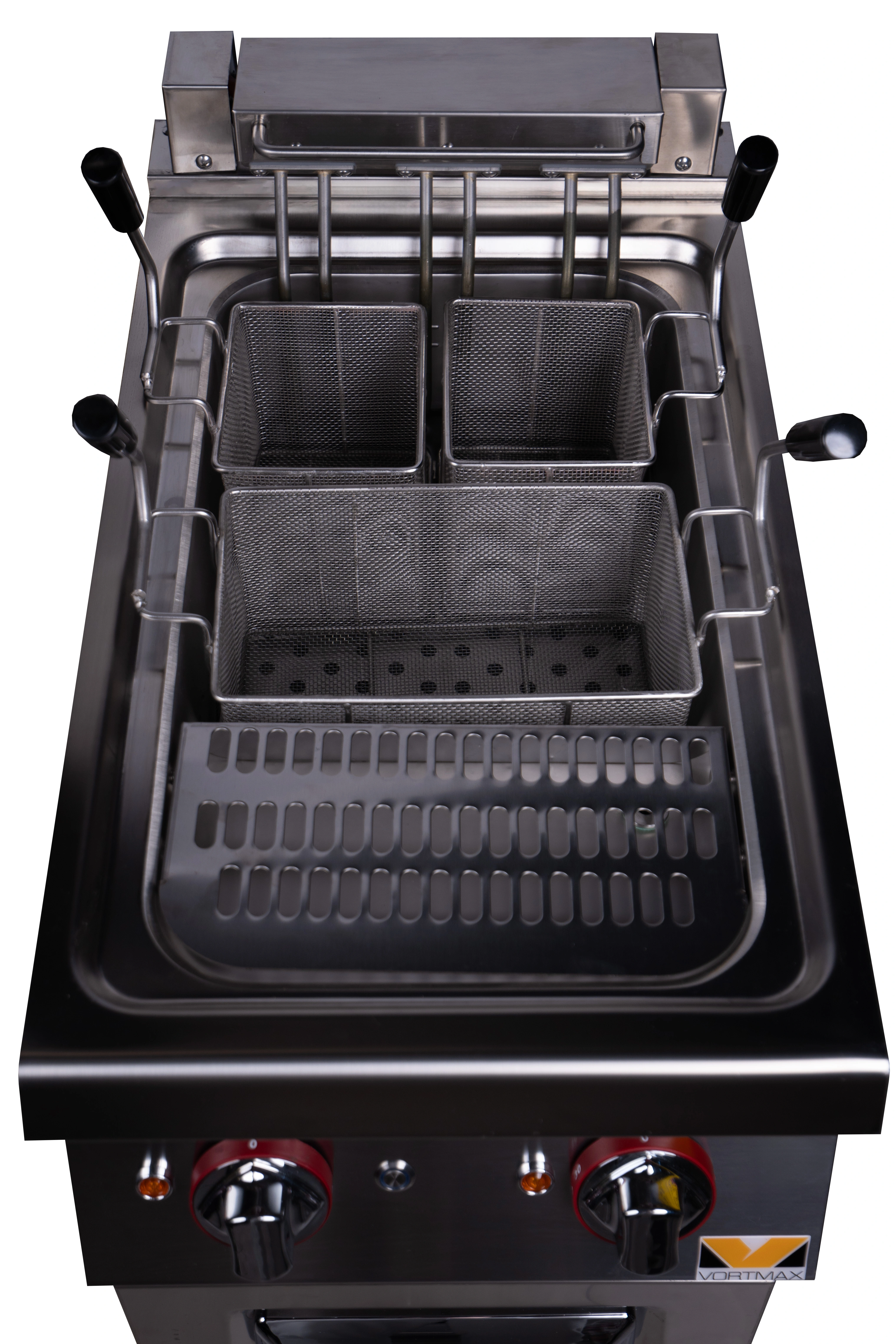 Габариты 400х730х850 мм, вес 34 кг. Макароноварка изготовлена из нержавеющей стали, толщина покрытия 15/10 мм. 1 ванна на 13 литров. Контроль температуры осуществляется при помощи термостата. Трёхуровневый переключатель температуры. Оснащена краном для по