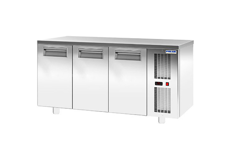 Стол холодильный TB3GN-GC (без столешницы), 1630х705х850/910мм, -18С, 450л, 550Вт, 230В, корпус монолитный цельнозаливной, 3 двери, без столешницы, R404A, 3 полки, GN 1/1, IP24. Фото оборудования может незначительно отличаться от реального внешнего вида. 