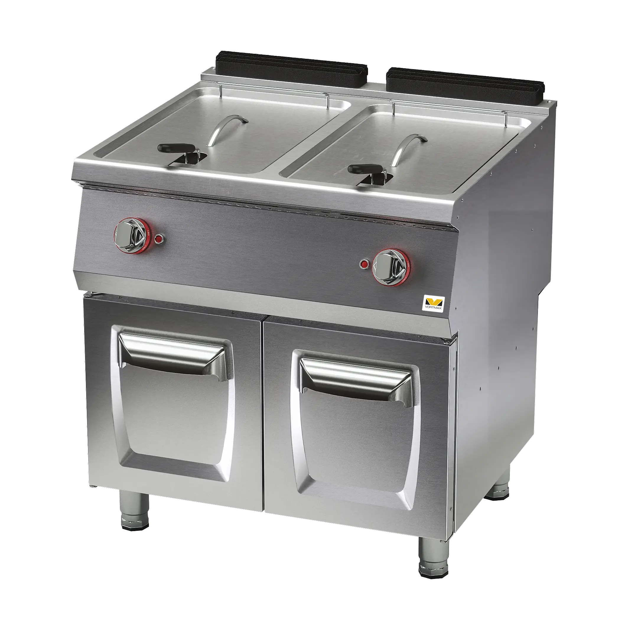 Фритюрница газовая т.м. VORTMAX мод. SGF 78  Габариты 800*730*850, вес 76 кг. Фритюрница изготовлена из нержавеющей стали, толщина покрытия 15/10 мм. 2 ванны по 10 литров. Оснащена краном для слива масла. Газовая мощность 32 кВт, габариты в упаковке 820*8