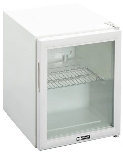 480x520x525, 220В, 0,08 кВт, 22 кг, 58л, температурный режим 0-10С, климатический класс 4, хладагент R600a, вспениватель C-P, уровень шума 39 dB, 1 лампа подсветки, 1 полка, механический термостат, плоская стеклянная дверь,  2 подстраиваемые ножки, 2 коле