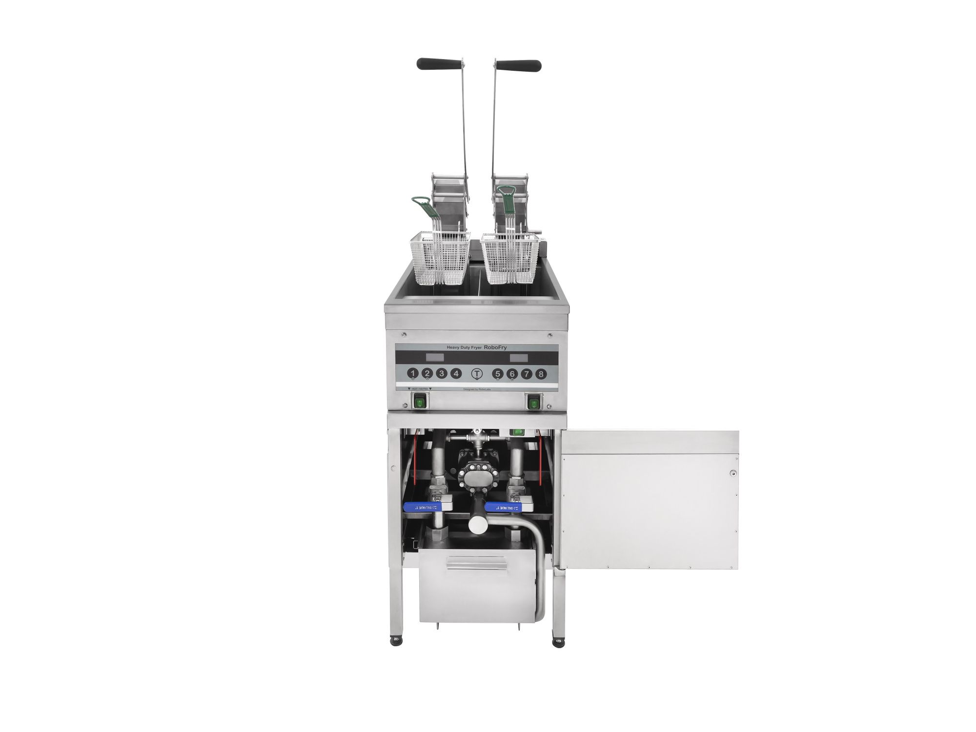 Фритюрница электрическая т.м. ROBOLABS серия ROBOFRY модель ROBOFRY RF2, с полуавтоматической системой фильтрации масла на закрытом стенде с двумя ваннами объёмом по 12л каждая. Ванна имеет холодную зону объемом 1,5л для сгоревших частичек продукта. В ком