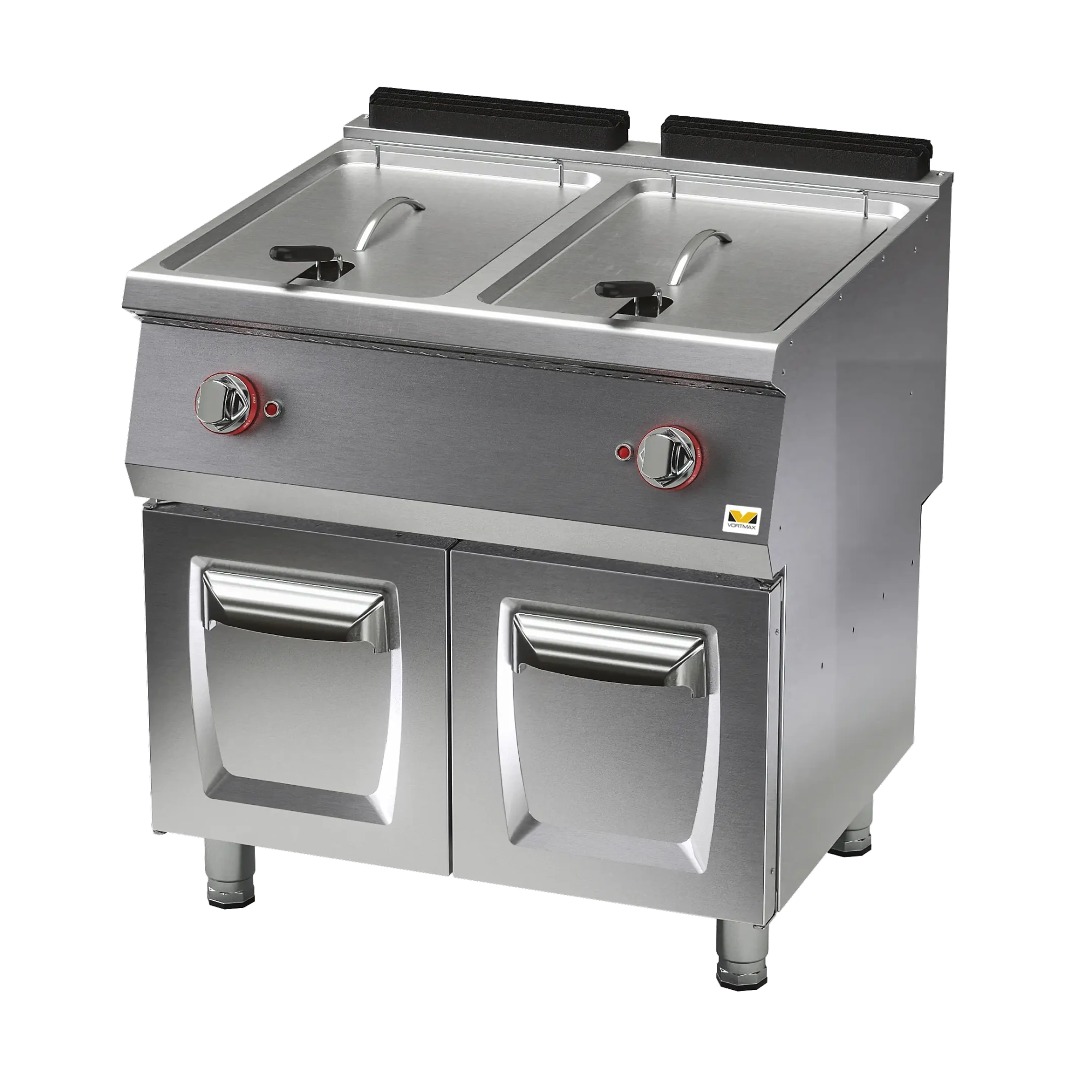 Фритюрница газовая т.м. VORTMAX мод. SGF 78  Габариты 800*730*850, вес 76 кг. Фритюрница изготовлена из нержавеющей стали, толщина покрытия 15/10 мм. 2 ванны по 10 литров. Оснащена краном для слива масла. Газовая мощность 32 кВт, габариты в упаковке 820*8